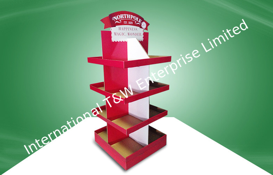 Giá tốt. Red Eco-friendly Corrugated Cardboard Free Standing Display Units Four Shelves Shinning Offset Printing trực tuyến